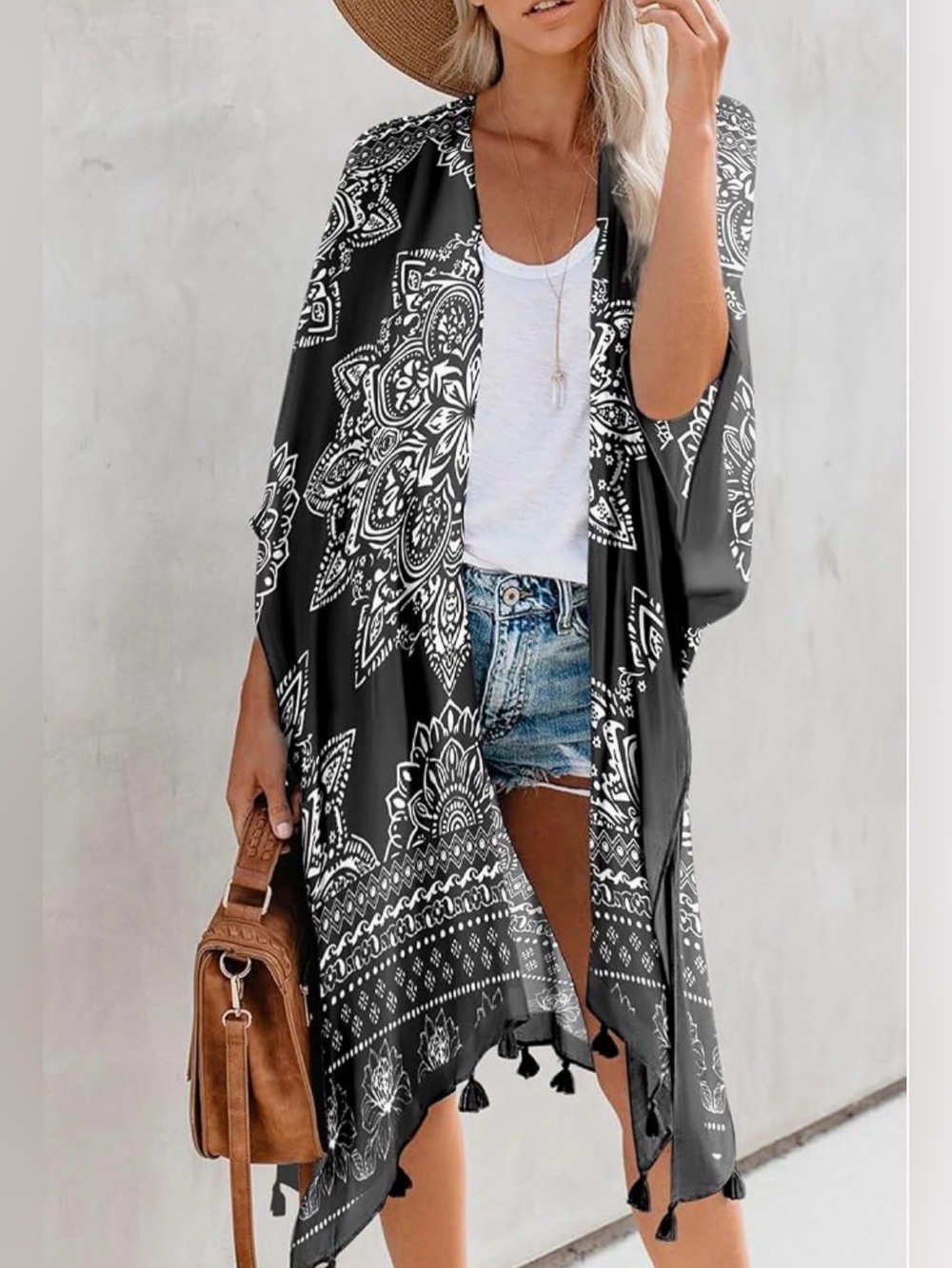 Black & White Boho Mandala Kimono Duster Cardigan